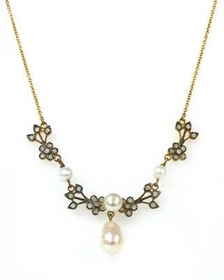 Lot 209 - A silver and gold, cultured freshwater pearl and diamond necklace