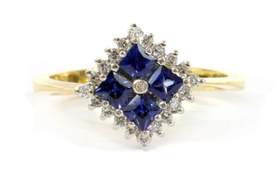 Lot 136 - A sapphire and diamond off set square cluster ring