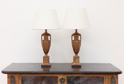 Lot 407 - A pair of gilt-spelter urn form table lamps
