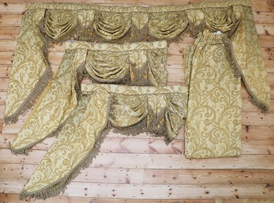 Lot 143 - Two pairs of brocaded yellow silk interlined curtains