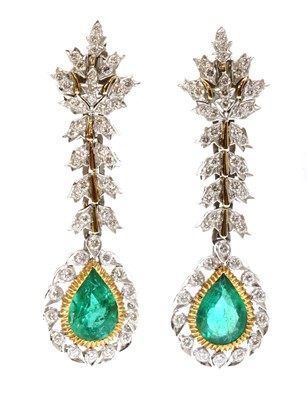 Lot 345 - A pair of two colour gold emerald and diamond drop earrings