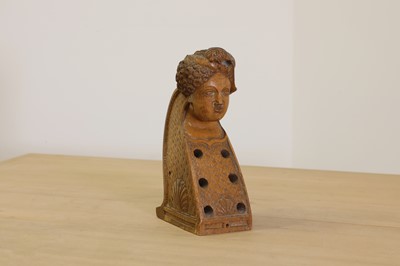 Lot 422 - A carved wooden hurdy-gurdy stock head