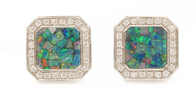 Lot 341 - A pair of 18ct white gold opal mosaic and diamond cufflinks