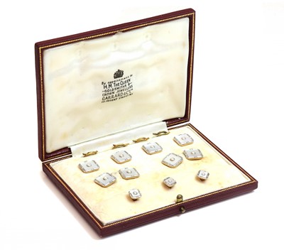 Lot 228 - A cased 18ct gold pearl and mother-of-pearl dress set,  by Cropp & Farr, c.1950