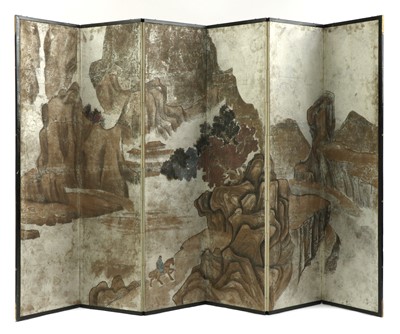 Lot 76 - A Chinese six-fold painted paper screen