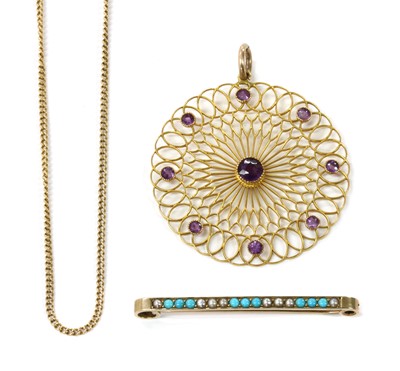 Lot 18 - A gold turquoise and split pearl bar brooch
