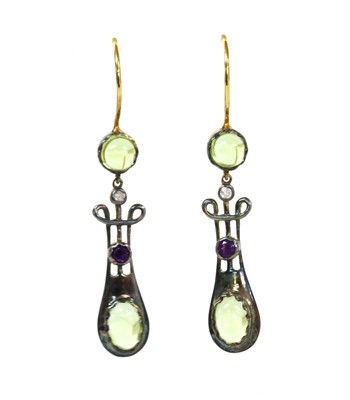 Lot 196 - A pair of silver and gold, peridot, amethyst and diamond drop earrings