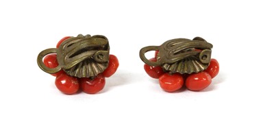 Lot 48 - A pair of metal coral cabochon cluster earrings