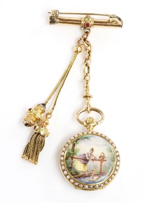 Lot 121 - A Swiss gold enamel and split pearl mechanical fob watch