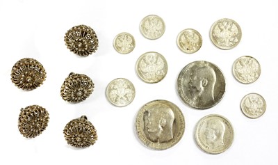 Lot 117 - A set of five antique Russian silver filigree buttons