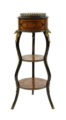 Lot 388 - A French Napoleon III walnut, amboyna, ebonised and marquetry inlaid etagere du jardiniere