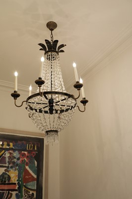 Lot 57 - A French Empire-style cut glass and toleware tent and bag chandelier