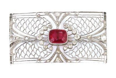 Lot 156 - An Art Deco synthetic ruby and diamond rectangular plaque brooch