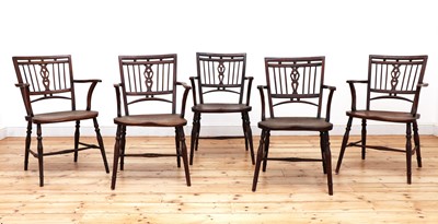 Lot 553 - A composite set of five fruitwood and elm Mendlesham chairs