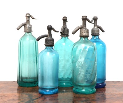 Lot 685 - Five various blue glass and aluminium soda siphons