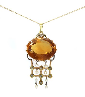 Lot 94 - A Continental citrine, pearl and diamond pendant, c.1880