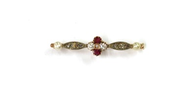 Lot 1042 - A gold and silver, ruby, diamond split pearl bar brooch
