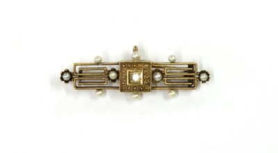 Lot 1006 - A gold Archaeological revival diamond and seed pearl brooch