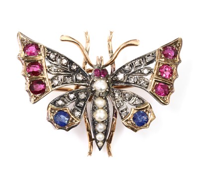 Lot 46 - A split pearl ruby, sapphire and diamond butterfly brooch, c.1900