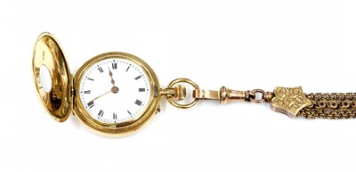 Lot 118 - A ladies' 18ct gold side wind enamel half hunter fob watch and Albertine, c.1910