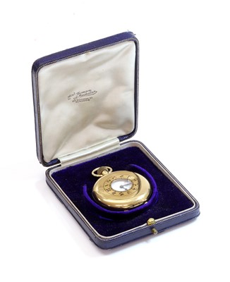 Lot 460 - An 18ct gold Swiss side wind half hunter pocket watch