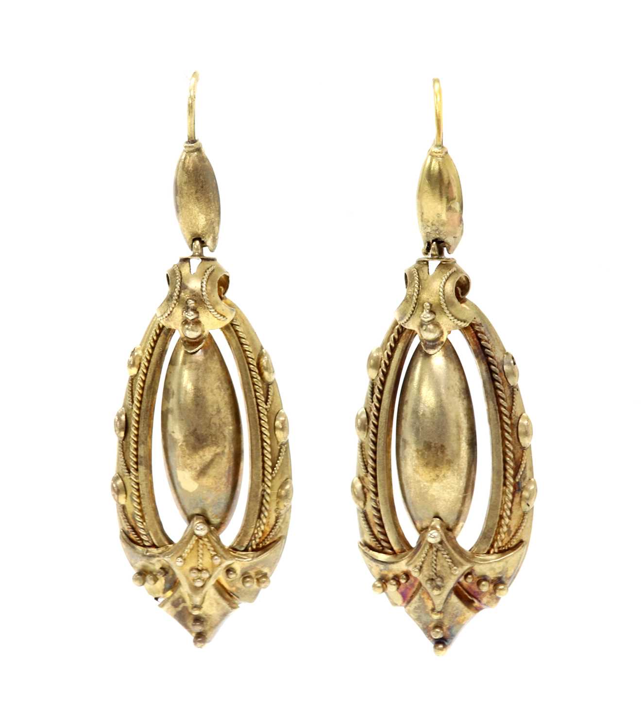 Lot 88 - A pair of Victorian Etruscan style gold drop earrings