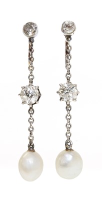 Lot 138 - A pair of Edwardian pearl and diamond drop earrings
