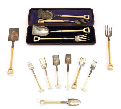 Lot 41 - Various ivory and silver plate serving cutlery as garden tools