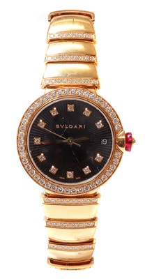 Lot 361 - A ladies' 18ct rose gold Bulgari 'Lucea' diamond set automatic bracelet watch