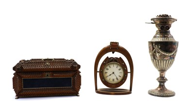 Lot 157 - Oil lamp, box and equestrian clock