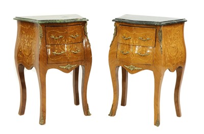 Lot 298 - A pair of French Louis XV-style walnut, marquetry inlaid and gilt-metal mounted night tables