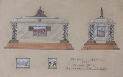 Lot 399 - 'Proposed design for silver gilt presentation casket'