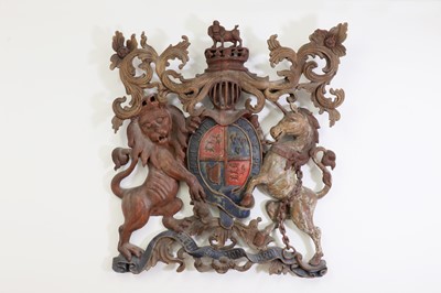 Lot 4 - A large carved and polychrome painted Royal Coat of Arms of the United Kingdom