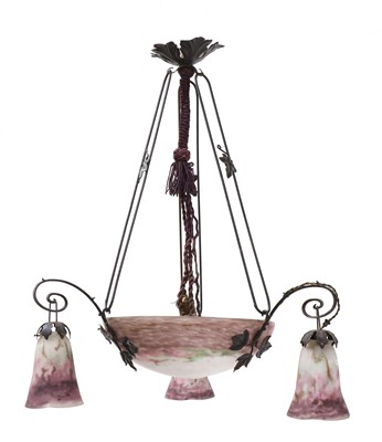 Lot 301 - An Art Deco Muller Frères glass and wrought iron ceiling light