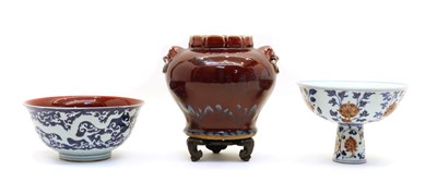 Lot 91 - A Chinese blue and white and iron-red stem bowl