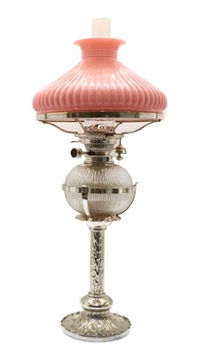 Lot 183 - A large silver plated oil lamp by Hukin and Heath