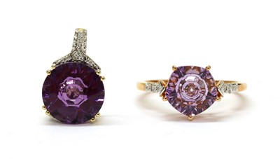 Lot 311 - A 9ct gold pentagonal fantasy cut amethyst and diamond ring