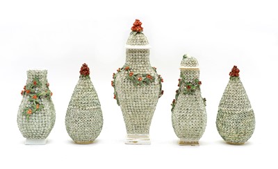 Lot 330 - A garniture of five Schneeballen porcelain vessels