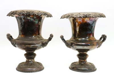 Lot 28 - A pair of silver-plated campana shaped urns