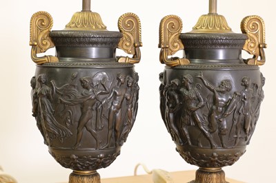 Lot 51 - A pair of gilt and patinated bronze Townley vase table lamps