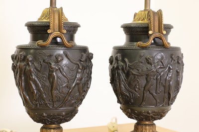 Lot 51 - A pair of gilt and patinated bronze Townley vase table lamps