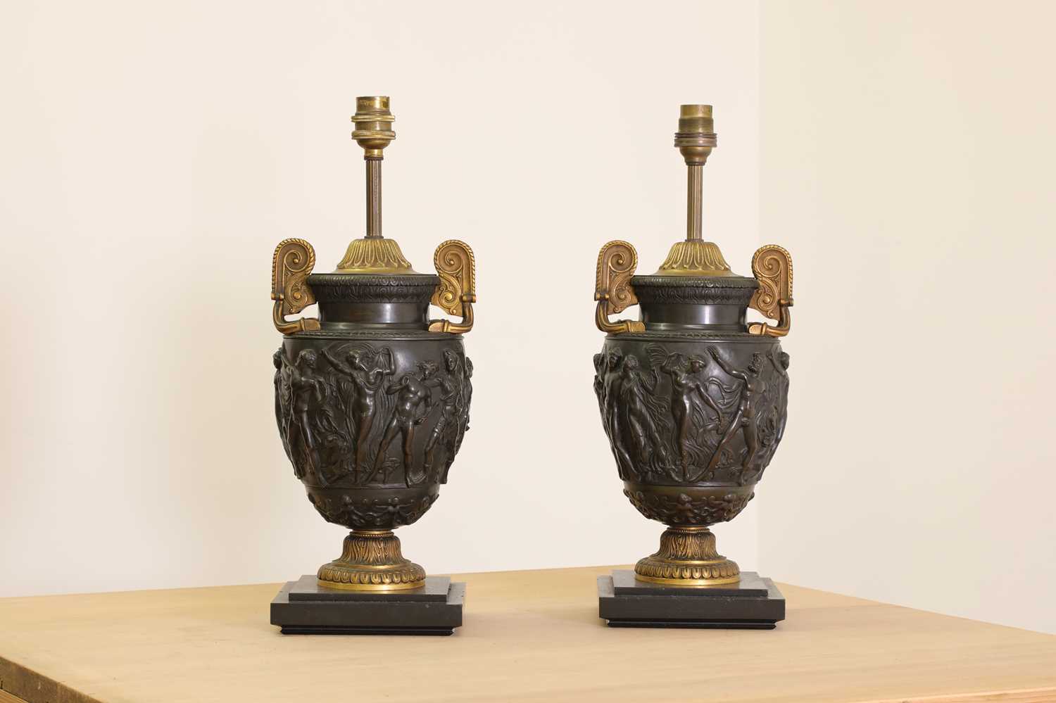 Lot 51 - A pair of gilt and patinated bronze Townley vase table lamps