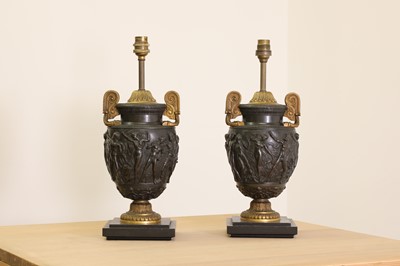 Lot 51 - A pair of gilt and patinated bronze Townley vase table lamps