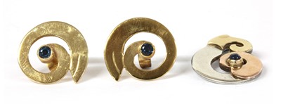 Lot 108 - A pair of 9ct gold sapphire set swirl earrings, by Harry Orkin