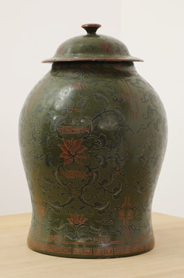 Lot 187 - A green-lacquered papier-mâché vase and cover