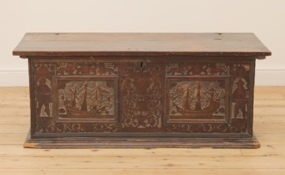 Lot 380 - An Italian carved cedarwood and penwork cassone