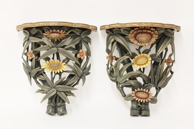 Lot 116 - A pair of Chinese Fuzhou lacquered wood wall brackets