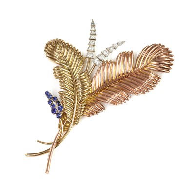 Lot 255 - A Continental sapphire and diamond three colour spray brooch, c.1940