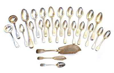 Lot 35 - A part collected George III silver fiddle pattern table service