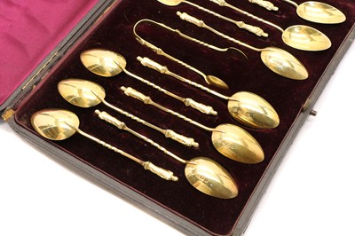 Lot 41 - A set of Victorian silver gilt apostle teaspoons and sugar tongs